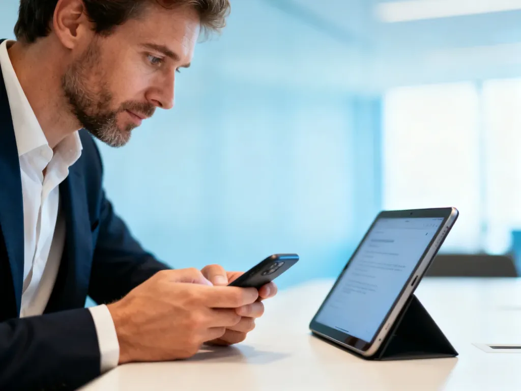 Mężczyzna w nowoczesnym biurze sprawdza dane na tablecie i smartfonie, co ułatwia zarządzanie numerem konta.