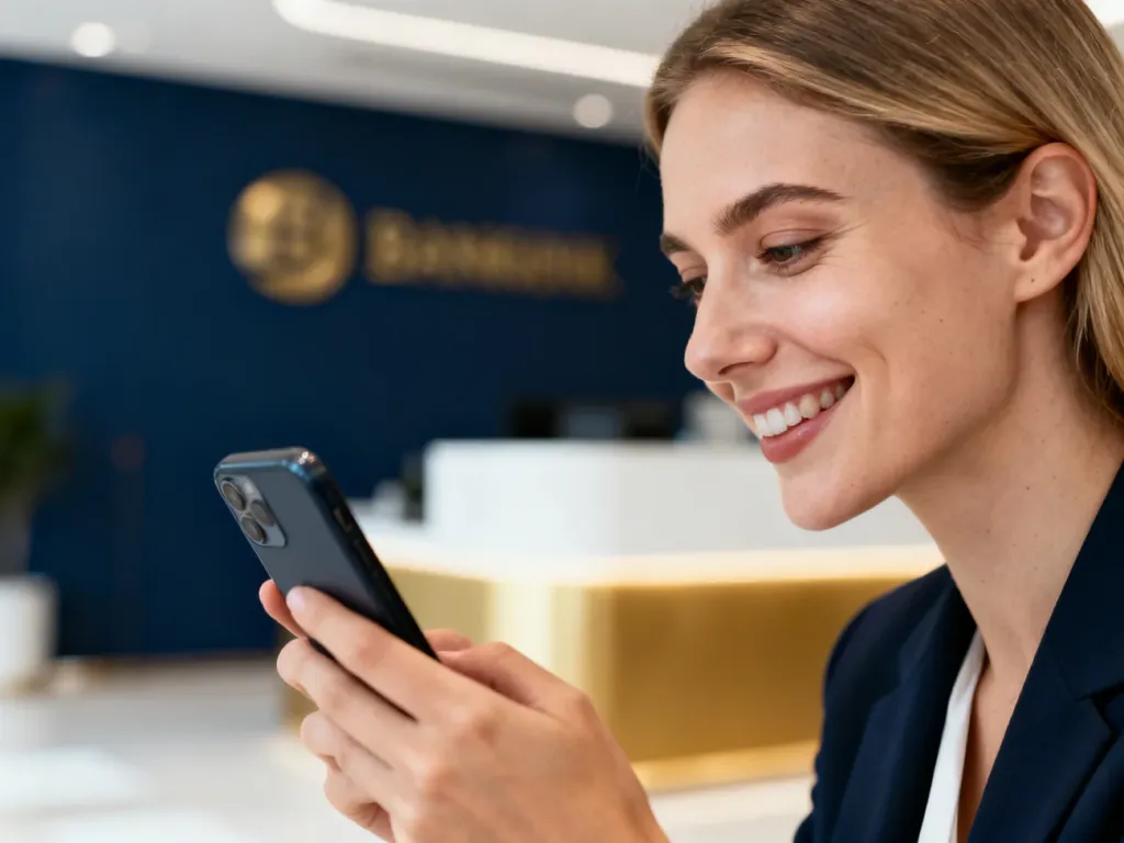 Uśmiechnięta kobieta sprawdza stan konta na smartfonie w nowoczesnym wnętrzu banku.