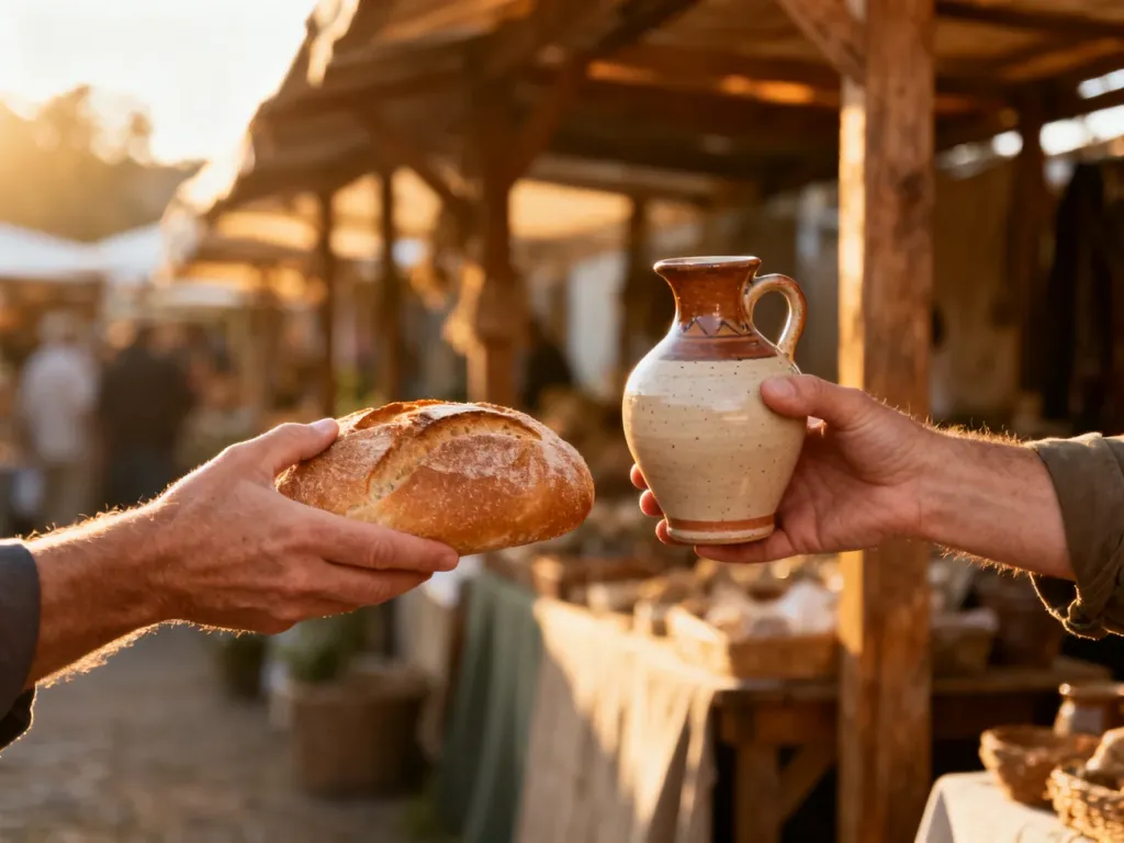 Dwie dłonie wymieniające bochenek chleba na ceramiczny wazon, symbolizujące ideę bezpośredniej wymiany barterowej.