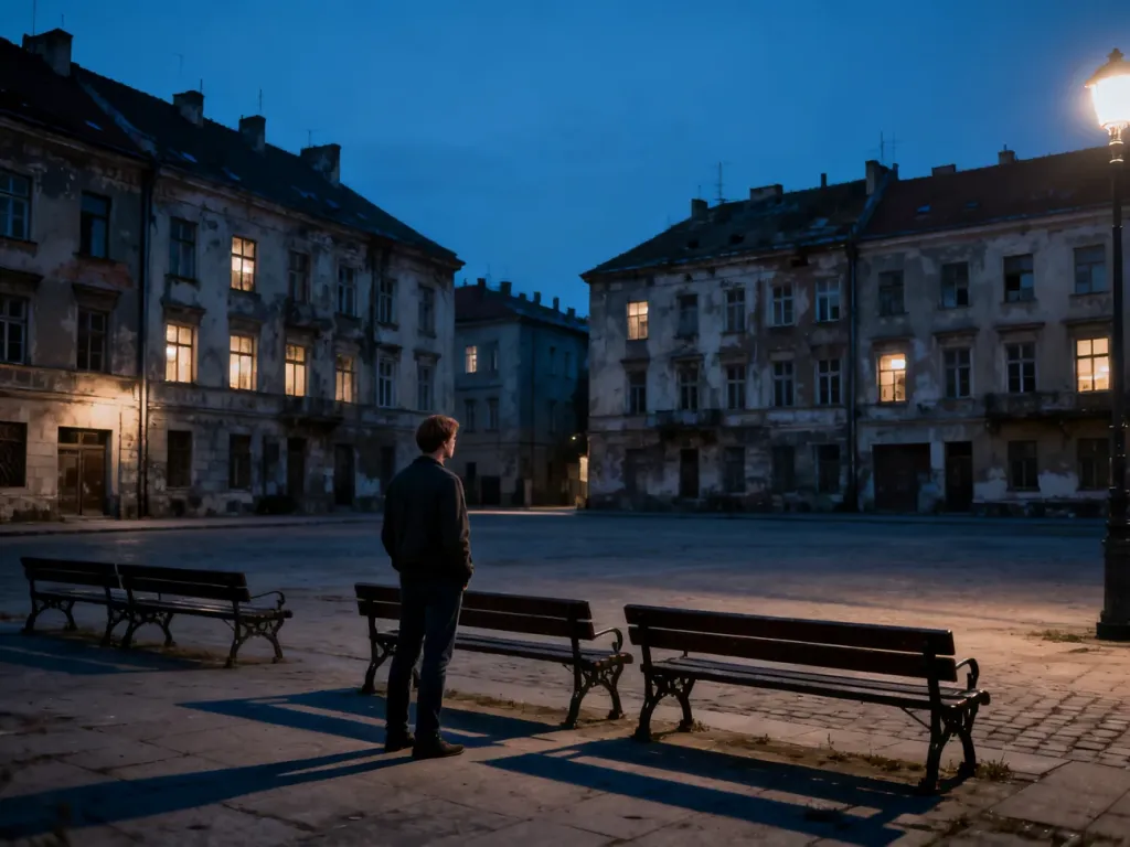 Pusty rynek w polskim mieście o zmierzchu, symbolizujący proces wyludniania się i melancholię opuszczonych miejsc.