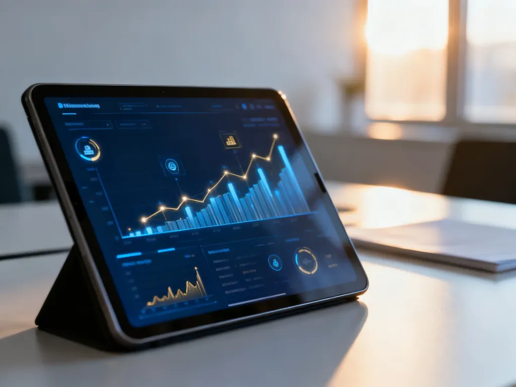 Tablet z wykresami finansowymi na nowoczesnym biurku, symbolizujący cyfrowe zarządzanie fakturami w systemie KSeF.