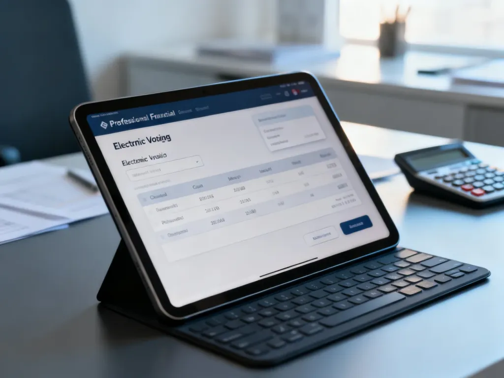 Tablet z interfejsem finansowym na biurku, symbolizujący nowoczesne fakturowanie elektroniczne w systemie KSeF.